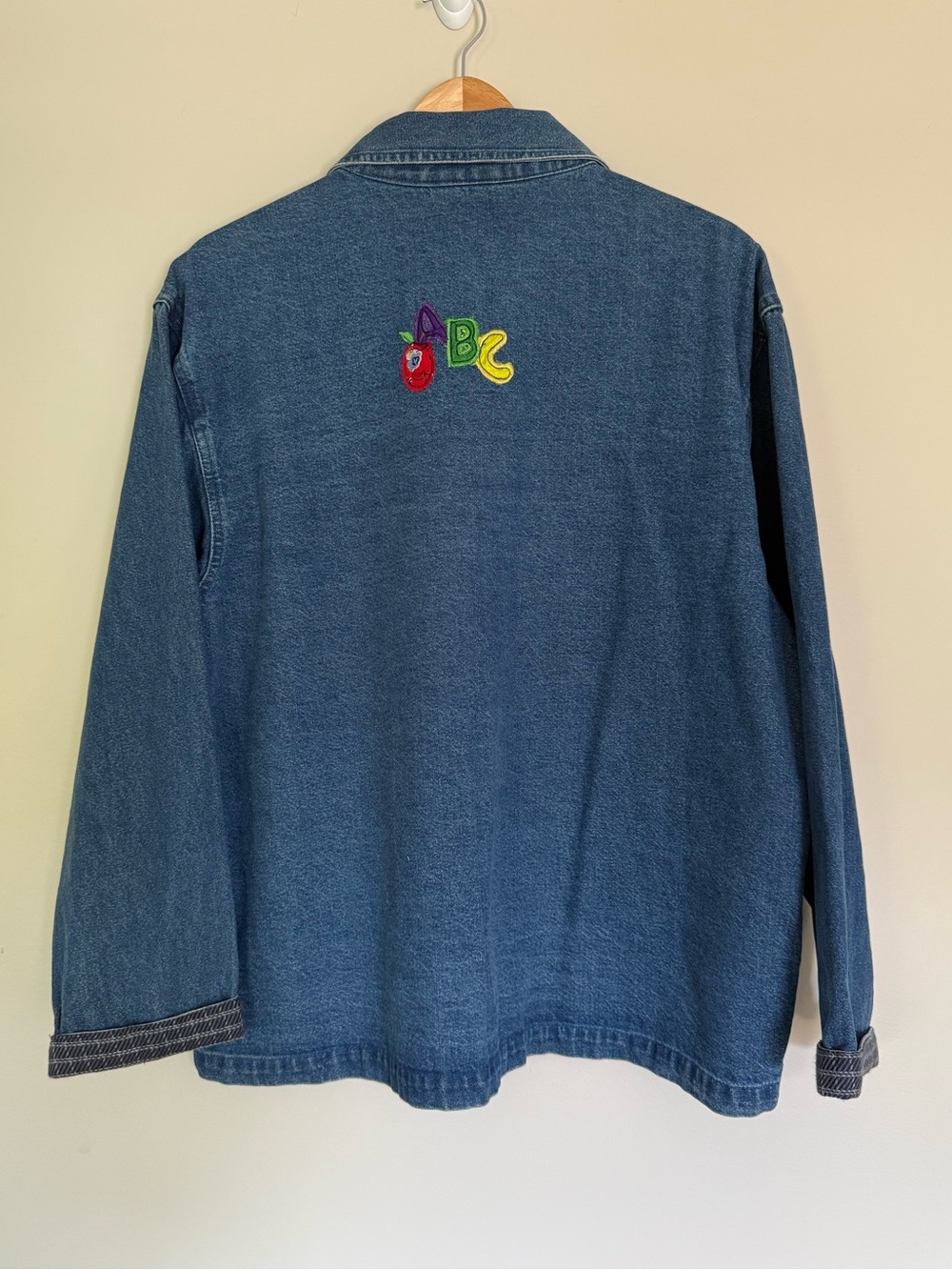 Vintage KEREN Hart Patchwork Denim Jacket Colorful School Teacher Motifs Sz L - Picture 3 of 3